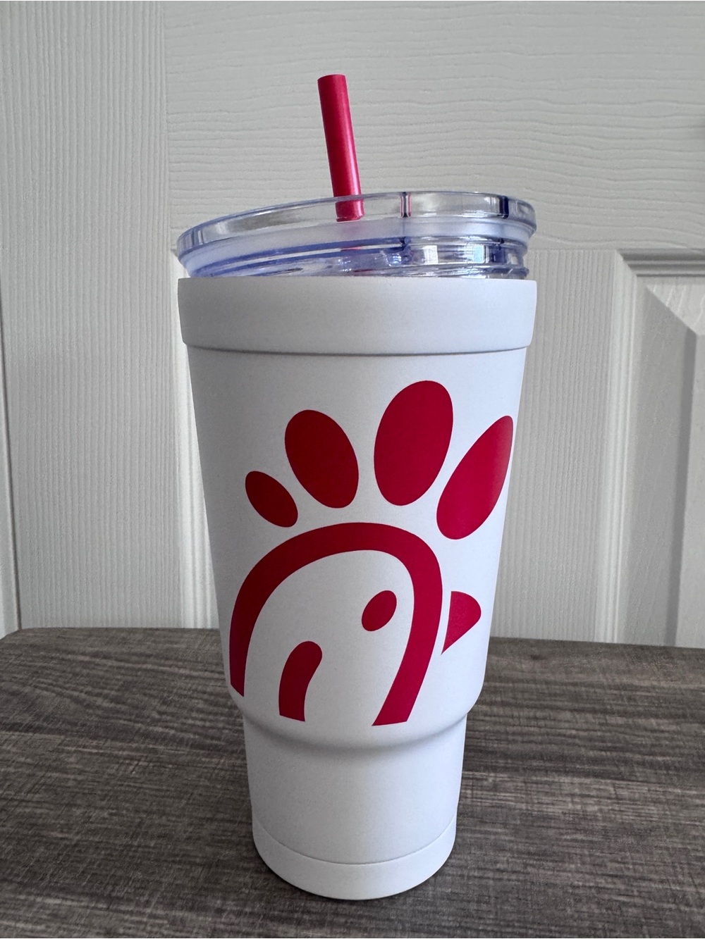 White Tumbler with Pink Logo and Straw - Insulated Travel Cup